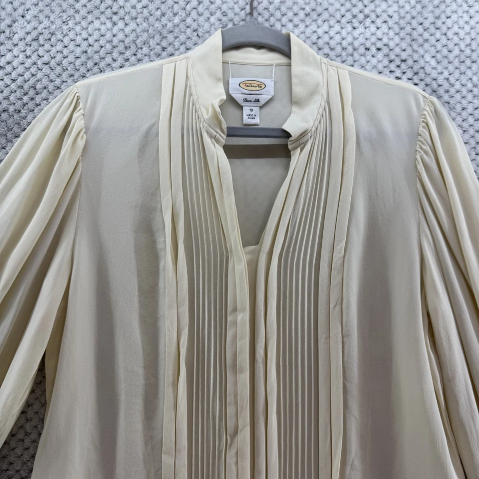 De Colección Talbots Top Mujer 10 Marfil Seda Plisado Botón Frontal Globo Mangas Largas Foto 3 de 4