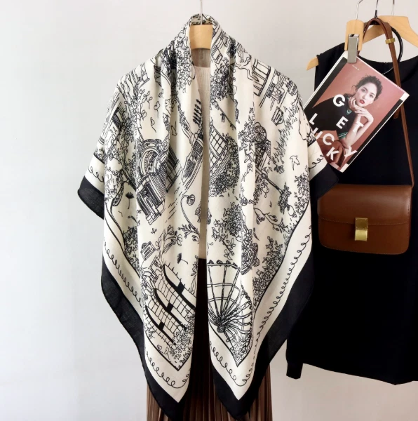 70% 羊绒 30% 真丝围巾 Bandann 53 英寸方形黑色房子印花披肩裹巾全新 — 第 2/4 张图片