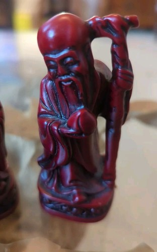 VINTAGE ROTE KUNSTHARZ CHINESISCHE GOTT FIGUREN FU LU SHOU / WEISE MÄNNER X3 ~ SEHR GUTER ZUSTAND - Bild 3 von 8