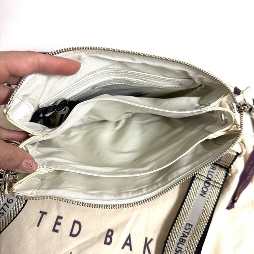 TED BAKER White Leather Handbag Crossbody Bag 2 Straps Logo Zipper Pockets Purse - Picture 3 of 14