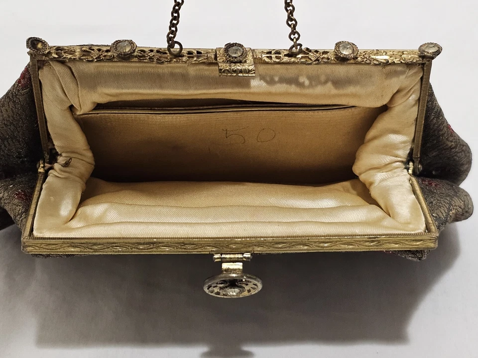 Antiguo bolso monedero europeo brocado de seda 8" x 5" hermoso hardware Art Deco Foto 3 de 4
