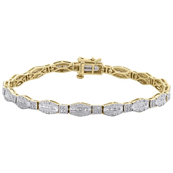 "10K Gelbgold Rund & Baguetteschliff Diamantarmband 7 \" Hexagon Rahmen Link 1"-image