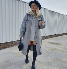 H&m Coat Shacket Grey Long Jacket Faux Shearling New Measurements