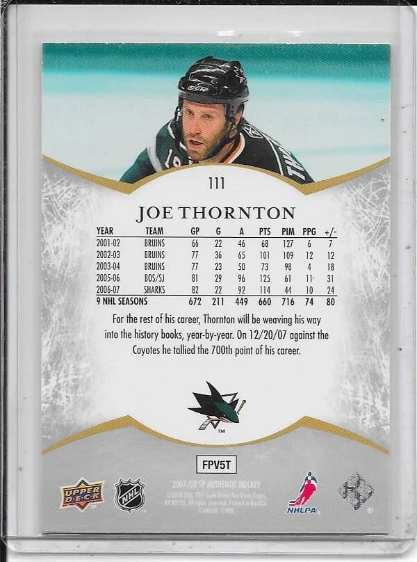 2007-08 SP Authentic Joe Thornton Notables # 111 #d/1999 - Image 2 of 2