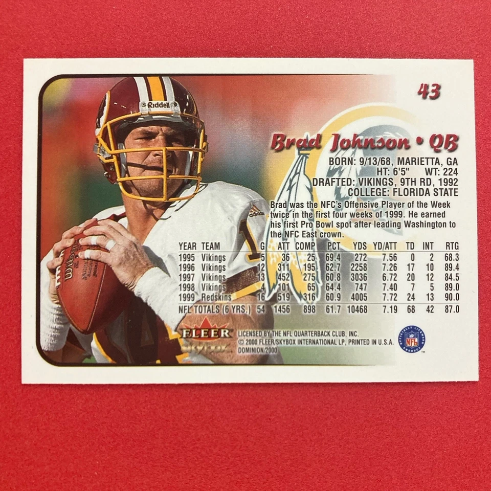 Brad Johnson 2000 Skybox Dominion Card #43 NFL Washington Redskins - Image 2 of 2