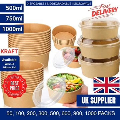 Disposable Round Kraft Paper Bowls Salad & Lids | Deli Takeaway Streetfood