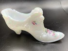 Fenton Hand Painted White Opalescent Glass Shoe Signed Cabbage Rose M Wagner