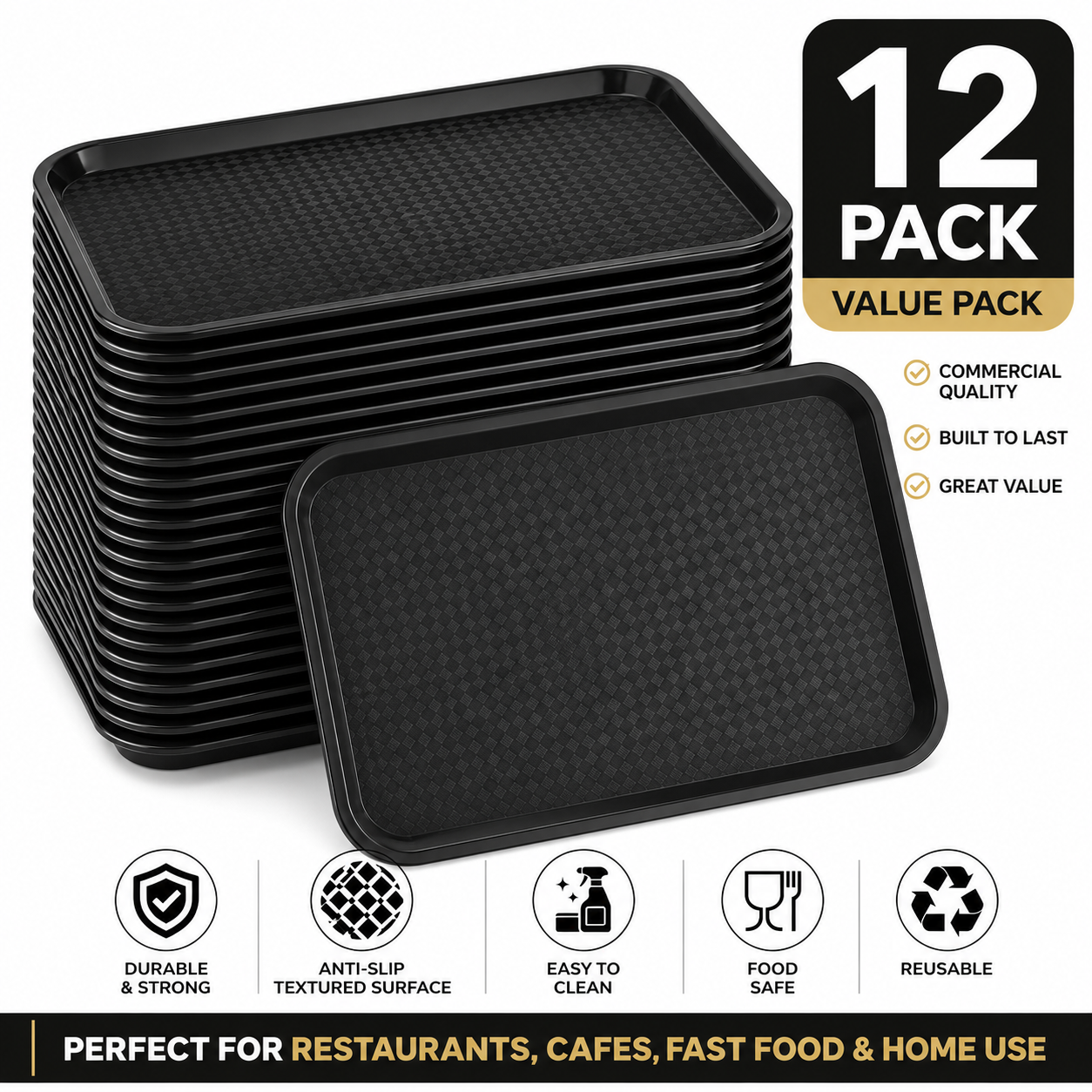 Olympia Polypropylene Catering Canteen Fast Food Serving Tray Black 450x350mm