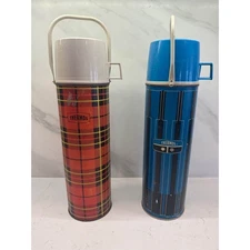 Vintage Thermos King-Seely 1964 Orange Plaid 2442 and 1971 Blue Geometric 2410