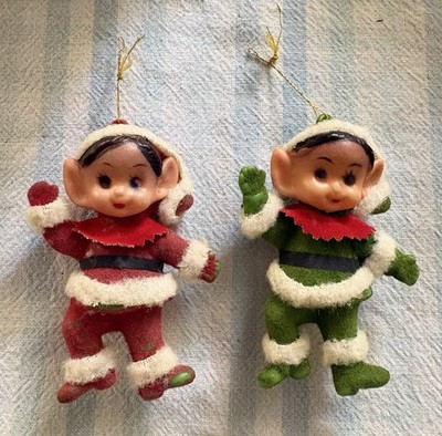 VTG Pixie Elf Hanging Ornament Pair Dancing Elves 1950 s Flocked Red & Green