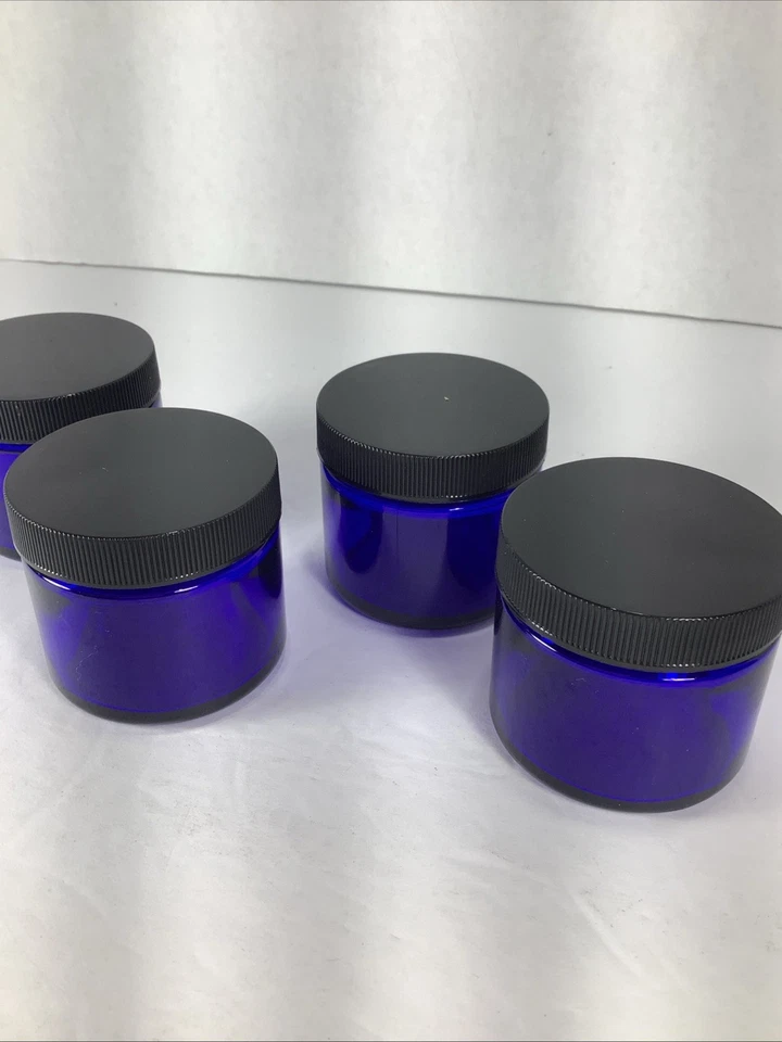 4~Cobalt Blue 2oz Round Glass Jars With Inner Liners & Black Plastic Lids~NEW - Image 3 of 4