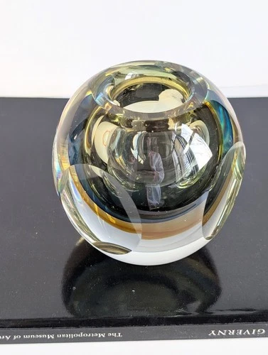 Murano Sommerso Faceted Art Votive/ Vase/ Paperweight Hand Blown Cased Glass
