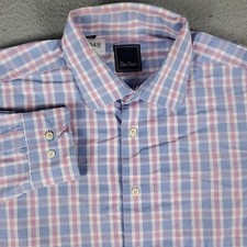 David Donahue Shirt Mens Size 17.5 Blue Pink Plaid Dress Button Up Long Sleeve