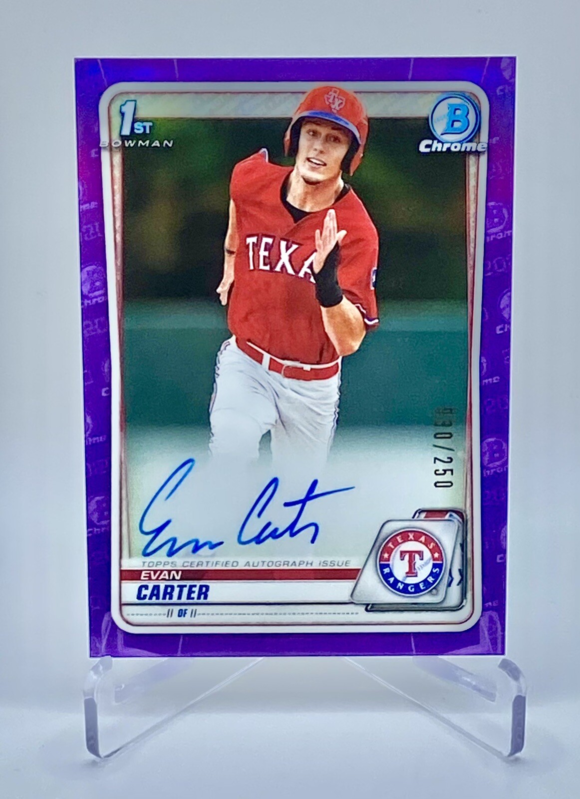 Evan Carter 2020 Bowman Draft Chrome 1st Auto RC Purple Refractor /250 #CDA-EC
