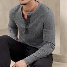 Mens Fashion Long Sleeve T-shirt Buttons Soft Leisure Plain Casual Top