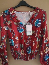 Naf Naf dark red multi floral ruffle edge v neck blouse 12 Reg. BNWT unworn gift