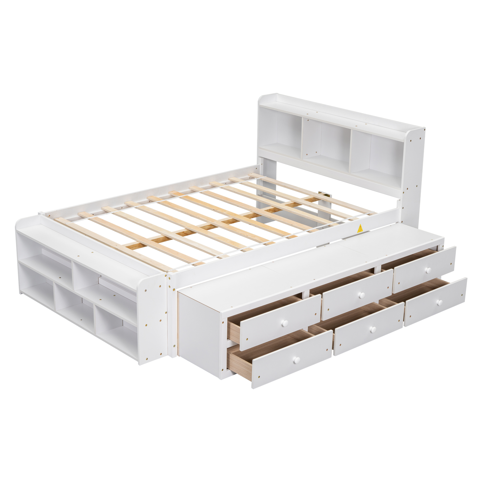 Wooden Full Size Bed Frame W/ Bookcase Storage Headboard and Drawers/Case White
