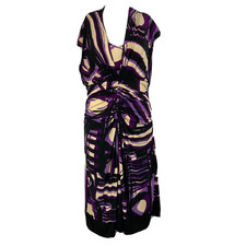 Jones New York Dress Womens Sz 14 Black Purple Print V-Neck Stretch A-Line Midi