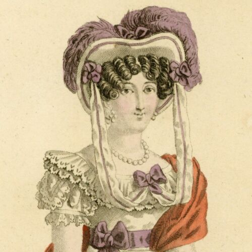 Mode Costume Parisien - Robe Mousseline Plumes Bal - Gravure originale 1822 - Afbeelding 1 van 3