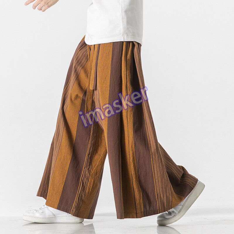 Men Chinese Kung Fu Baggy Pants Striped Linen Wide Leg Trouser Loose Casual