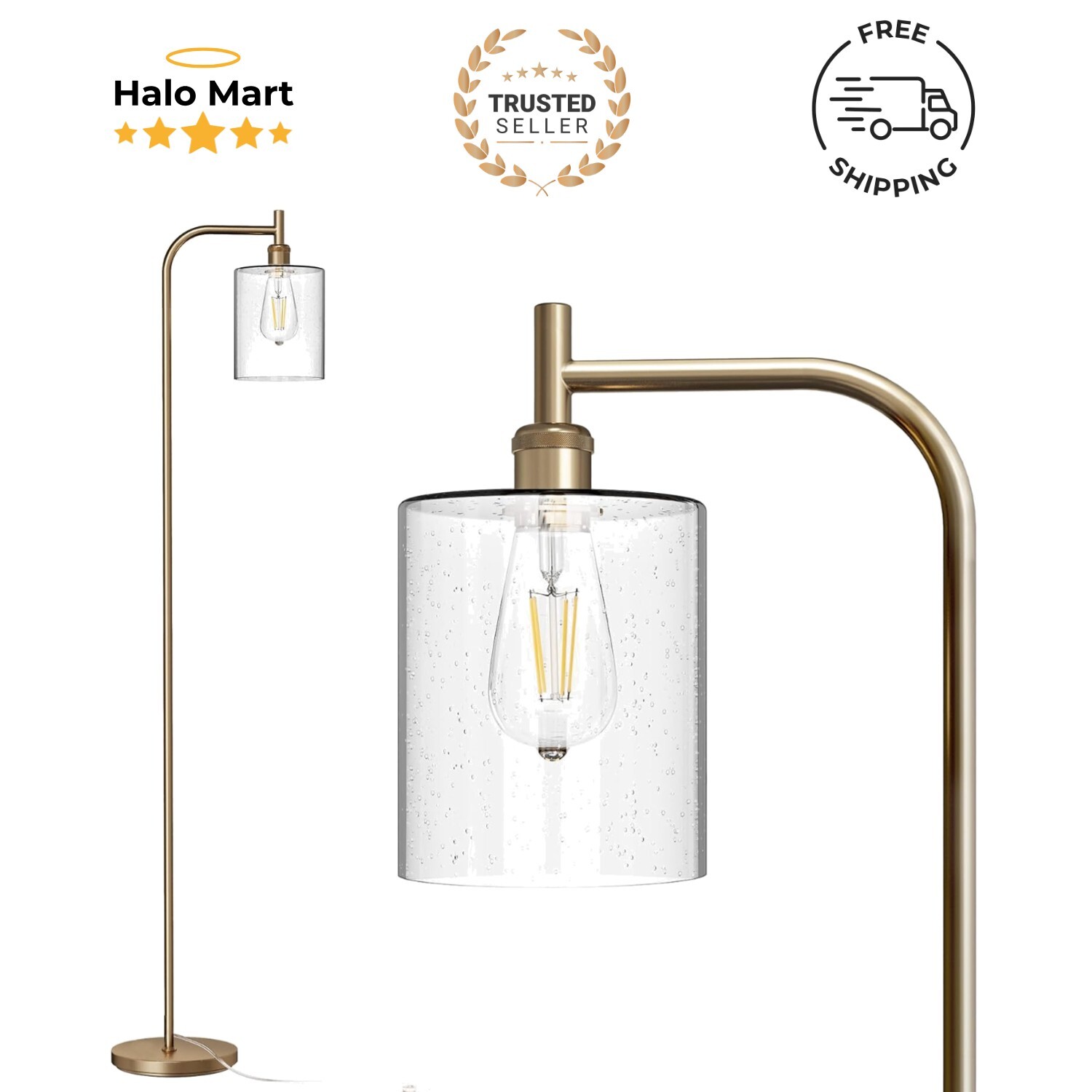 Compact Space-Saving Floor Lamp with Seeded Glass Shade – 10x12 Inches Fits Any Room