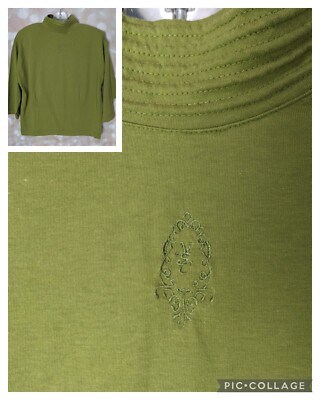 Cristina Women's Vintage Mock Neck Moss Green 3/4 Sleeve Button-Down Back Shirt
