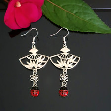 Oriental Style Fan Ldybird Ladybug And Flower Silver Dangle Drop Earrings