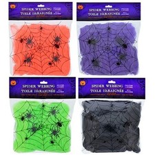 Halloween Colorful Faux Spider Webs with Plastic Spiders Bundle of 4 Bright Colo