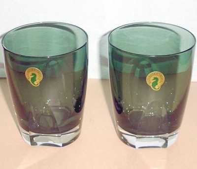 Waterford Crystal W Fern Green Whisky Tumbler DOF Glasses Pair 16 oz. New in Box