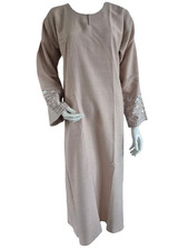 Ladies Regular Embroidered Pocket Twill Linen Blend Abaya/Jilbab Beige sz 52-58
