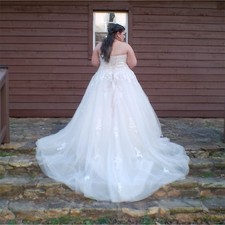 Ivory Strapless Tulle Lace Embroidered Ball Gown Wedding Dress with Train