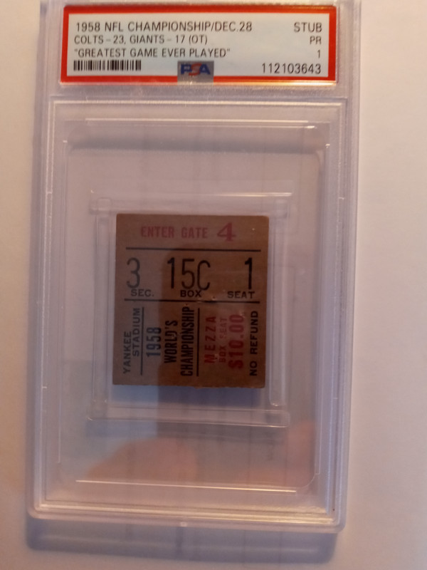1958 NFL Championship Game Ticket Stub."Greatest Game Ever Played". Colts/Giants
