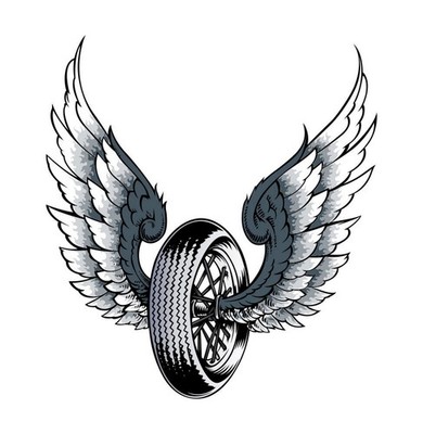 Aufkleber Reifen mit Flügel 7,5 x 6,5 cm Winged Tire black + white Decal Sticker