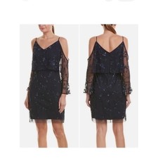 NWT Adrianna Papell sheath beaded dress twilight navy cold shoulder size 8