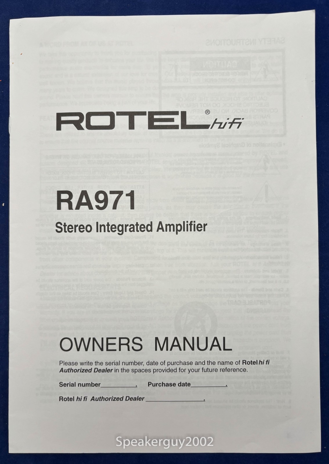 Original Rotel RA-971 Integrated Amplifier Owner's Manual