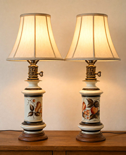 Set of 2 Ceramic Floral Table Lamps w/ Beige Shades Included, Wood Base