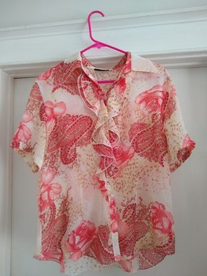 Women's lightweight short sleeve pink floral blouse Size L
