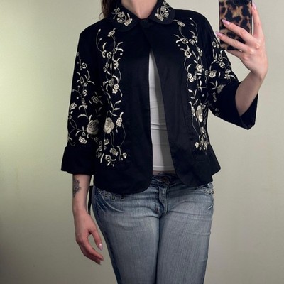 Y2K Vintage bestickte Jacke Blumen Erbsenmantel 3/4 Arm kurz Boho Knopf