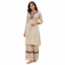 Beige Embroidered Kurta Set for Women  Cotton Straight Kurti with Palazzo Pants