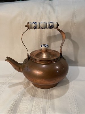 Vintage Copper Tea Kettle Blue/White Porcelain Handle & Lid Knob