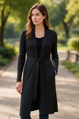 Magaschoni Black Ribbed Long Belted Cardigan Sweater Duster Large MSRP $148 NWT
