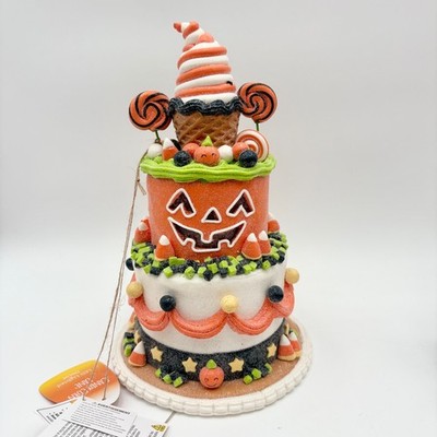 HALLOWEEN Gingerbread Tiered Cake Candy Corn Pumpkin Jack O Lantern Decor LED