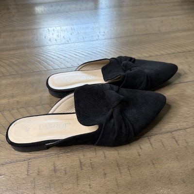 Musshoe Shoes 6.5 Black Suede Slide Mules Bow Pointed Toe Flats Casual EUC CLEAN