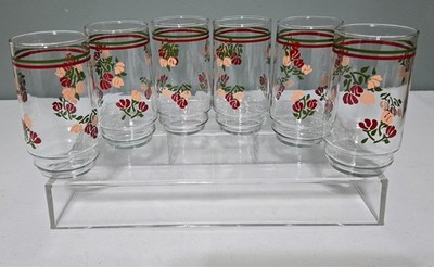 Vintage Unidentified Red & Pink Roses Glasses Set of 6 MCM Red Green Stripes