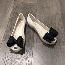 Mini Melissa Girls Ballet Flats White Black Bow Rubber Peep Toe US Size 2