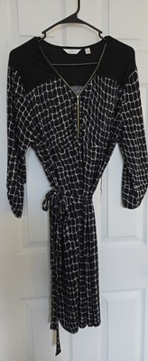 Mlle Gabrielle Black White Geometric A-Line Dress XL 3/4 Zip Belted