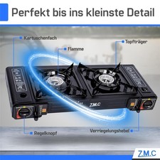 2 flammig Campingkocher Outdoor Camping Gas Kocher Grillplatte + 8x Gaskartusche – Bild 2
