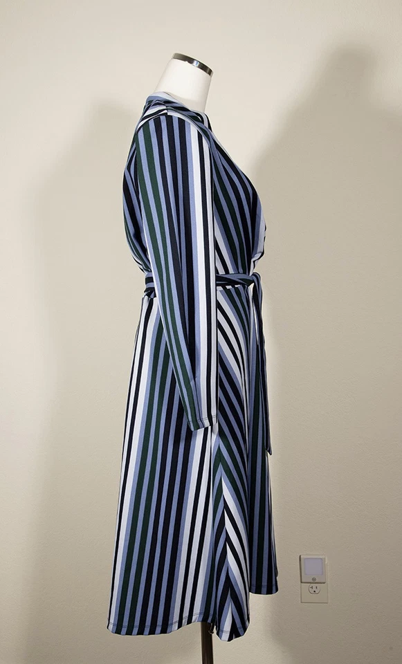 Vestido de carrera azul a rayas manga larga envolvente estilo vintage cuello en V L Foto 2 de 3