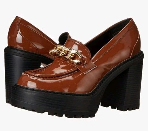 Madden Girl Brown Patent Leather Platform Heeled Loafers Shoes Chunky Grunge 7.5