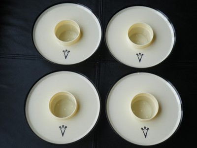4 - Retro Hi-Snack Party Plates Serv-Rite Cream Black Trim Unknown LOGO Crown